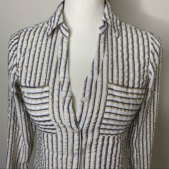 Express The Portofino Shirt Gold White Blue Striped Women's Sz Slim Small - Picture 7 of 9